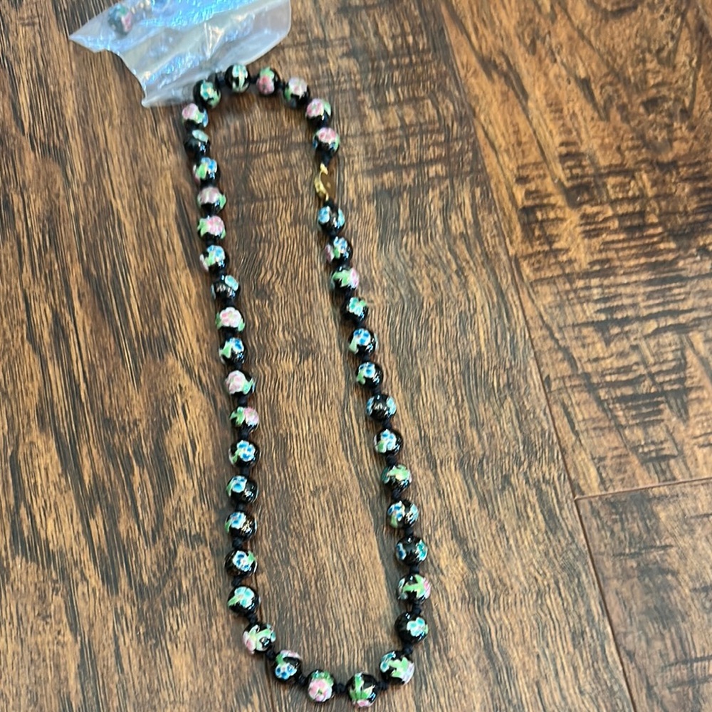 Vintage Chinese black hand knotted cloisonné 1920 necklace and earring set.